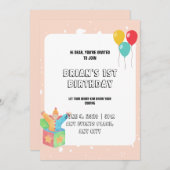 バルーン ピンク ボーダー ベビーガール おもちゃ 1歳の誕生日 招待状 (正面/裏面)