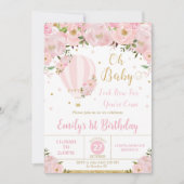 バルーン ピンク 花 フラワー 1歳 誕生日 招待状 (正面)