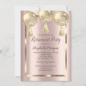 バルーン、フレーム、バラ金ゴールド、金ゴールドグリッター退職 招待状 (正面)
