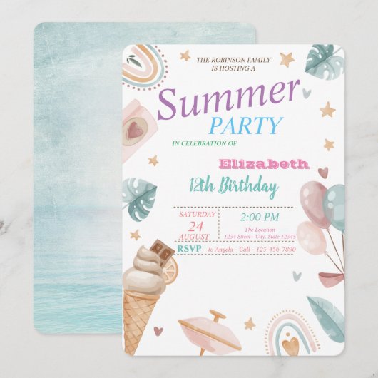 バルーン 虹 アイスクリーム 夏 誕生日パーティー 招待状 (正面/裏面)