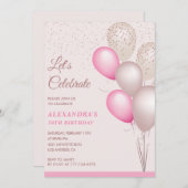 バルーン 39歳の誕生日招待状 ピンクのコンフェッティ 招待状 (正面/裏面)