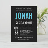 バル ミツバのモダンで大胆なブロックタイプのブラックターコイズ 招待状 (スタンド正面)