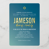 バル ミツバのモダンスター 青いミントのグラデーション 箔招待状 (正面)