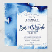 バル ミツバの招待状 手書きの青い水彩 招待状 (正面/裏面)
