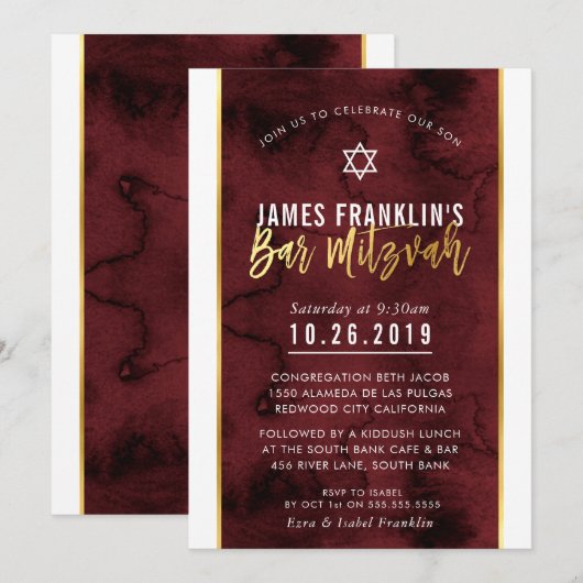 バル ミツバの赤いえんぴつと金色のカリグラフィー水彩画 招待状 (正面/裏面)