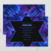 バル・ミツバの青と紫のアブストラクト・チェック 招待状 (正面/裏面)