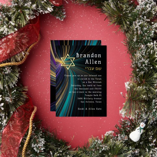 バル ミツバ・ブルーとゴールドの光線 箔招待状 (インサイチュ)