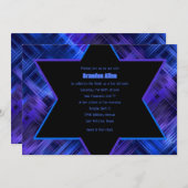 バル・ミツバ・ブルーとパープルの抽象的なチェック柄 招待状 (正面/裏面)
