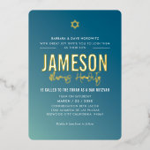 バル・ミツバ　モダンスター　ブルーミントグラデーション 箔招待状 (正面)