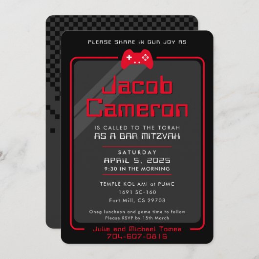バル ミツワー 現代のゲームコントロール かっこいい 黒 赤 招待状 (正面/裏面)