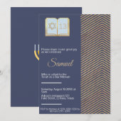 バル・ミツヴァの招待状: 青と金のデザイン 招待状 (正面/裏面)