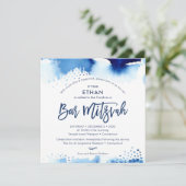 バル ミツヴァー ヘブライ語 手書き 水彩 ブルー 招待状 (スタンド正面)