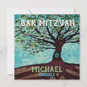 バル・ミツヴァ ブルーとグリーンの生命の木 招待状 (正面)