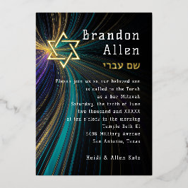 バル・ミツヴァ ブルーとゴールドの光線 箔招待状