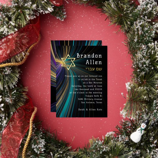 バル・ミツヴァ ブルーとゴールドの光線 箔招待状 (インサイチュ)