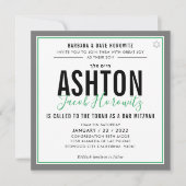 バル ミツヴァ 現代 スポーティー 緑 灰色 ヘブライ語 招待状 (正面)