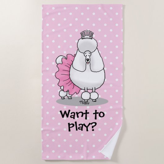 バレエおもしろいバレリーナプリンセスプードルドッグ（白） ビーチタオル (正面)