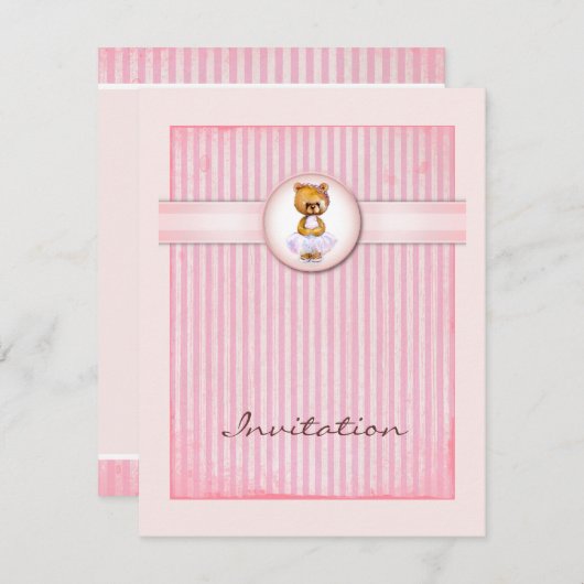 バレエくまのヴィンテージのピンクキャンデーの誕生日の招待状 招待状 (正面/裏面)