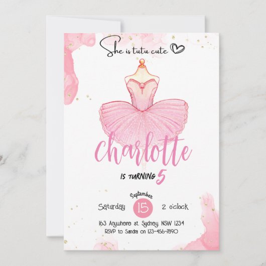 バレエのチュチュがとってもかわいい誕生日招待状 招待状 (正面)