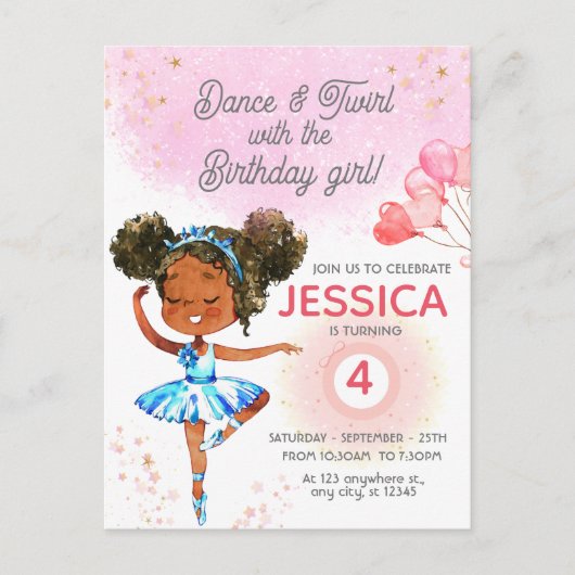 バレエのプリンセス ピンクのバレエガール 誕生日 ポストカード (正面)