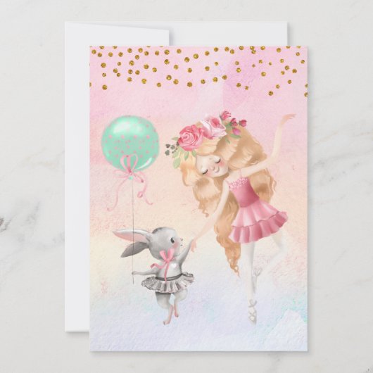バレエの女の子とバニーの誕生日パーティーの招待 招待状 (裏面)