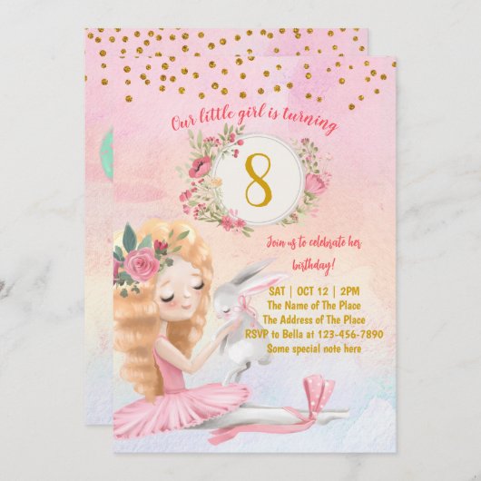 バレエの女の子とバニーの誕生日パーティーの招待 招待状 (正面/裏面)