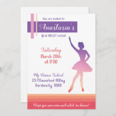 バレエの演奏会の招待、紫色のバレリーナの女の子 招待状 (正面/裏面)