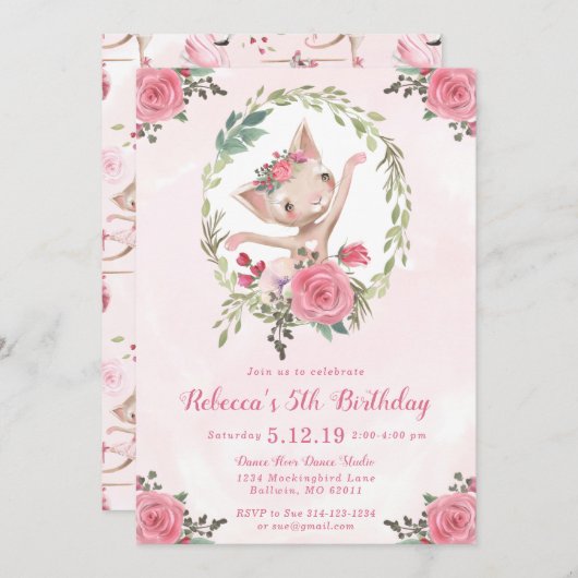 バレエの踊りの子ネコの誕生会 招待状 (正面/裏面)