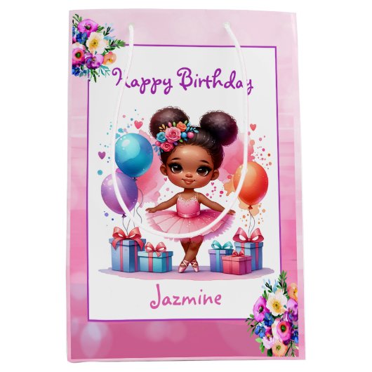 バレエをテーマにした少女の誕生日パーティー ミディアムペーパーバッグ (正面)