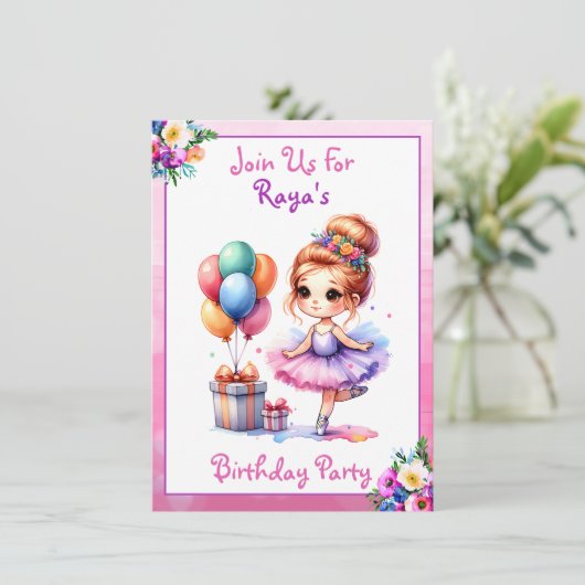 バレエをテーマにした少女の誕生日パーティー 招待状 (スタンド正面)