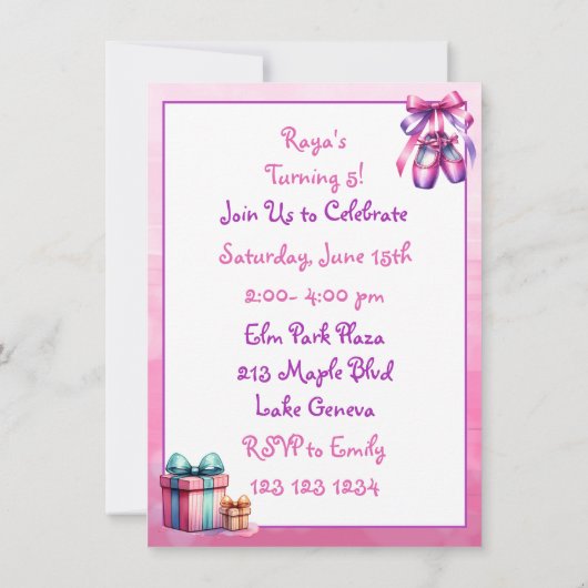 バレエをテーマにした少女の誕生日パーティー 招待状 (裏面)