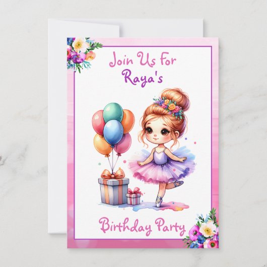 バレエをテーマにした少女の誕生日パーティー 招待状 (正面)
