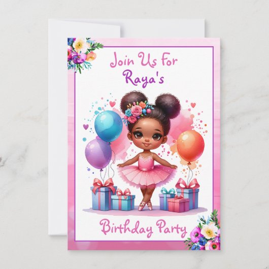 バレエをテーマにした少女の誕生日パーティー 招待状 (正面)