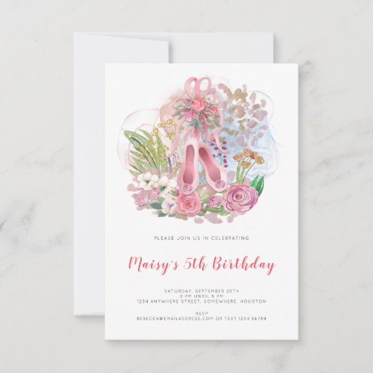 バレエエレガントシューズピンクの女の子5th誕生日パーティー 招待状 (正面)