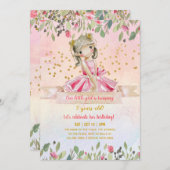 バレエガールピンク金ゴールドグリッター子供の誕生日パーティー 招待状 (正面/裏面)