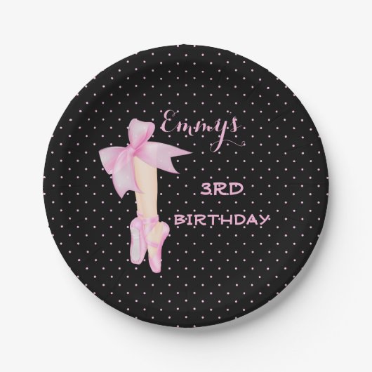 バレエシューズバレリーナピンク&ブラック水玉模様 ペーパープレート (正面)