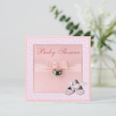 バレエシューズ及びロケットの女の子のピンクのベビーシャワー 招待状 (スタンド正面)