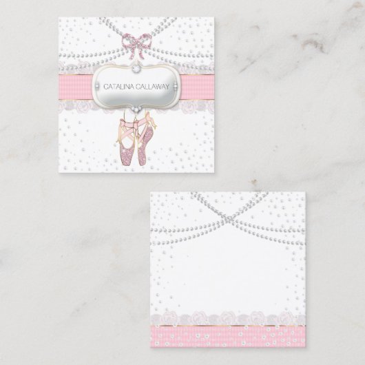 バレエスリッパパールズピンクグリッターレースジュエリー スクエア名刺 (正面/裏面)