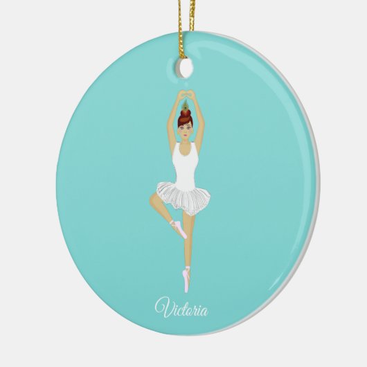 バレエダンサーが白い服を着てティール(緑がかった色)ターコイズ セラミックオーナメント (左)
