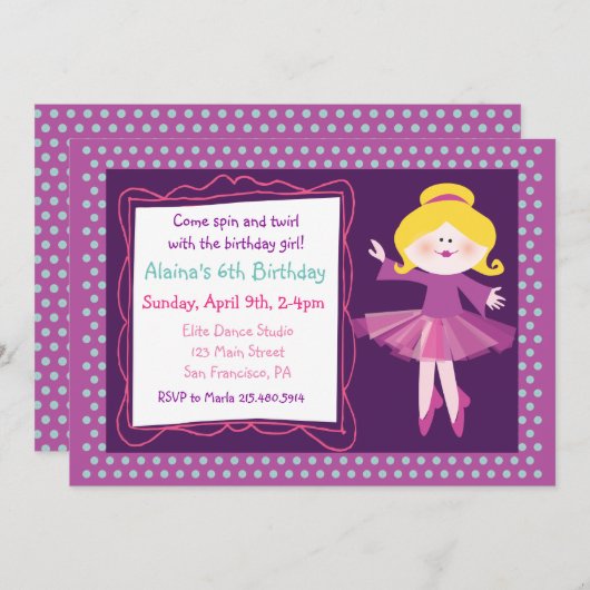 バレエダンサーキッズパーティー誕生日招待状 招待状 (正面/裏面)