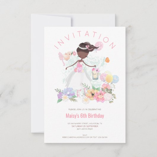 バレエダンサーピンクフローラガール6thバースデーパーティー 招待状 (正面)