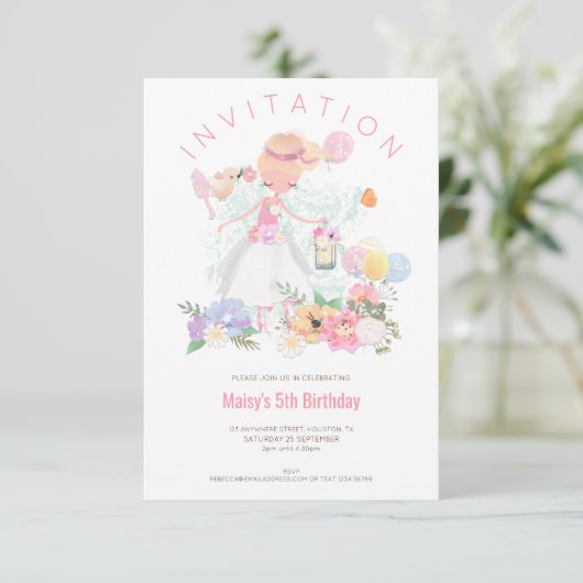 バレエダンサー花模様ピンクガール5thバースデーパーティー 招待状 (スタンド正面)