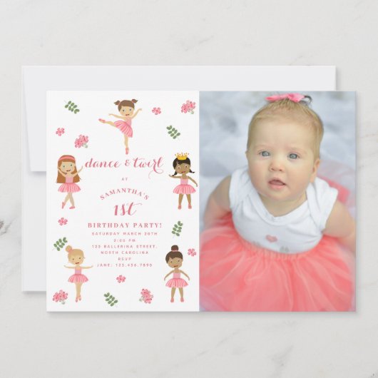 バレエダンス&トワイルピンクバレリーナフォト誕生日 招待状 (正面)