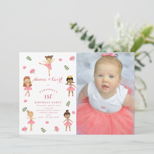 バレエダンス&トワイルピンクバレリーナフォト誕生日 招待状 (スタンド正面)