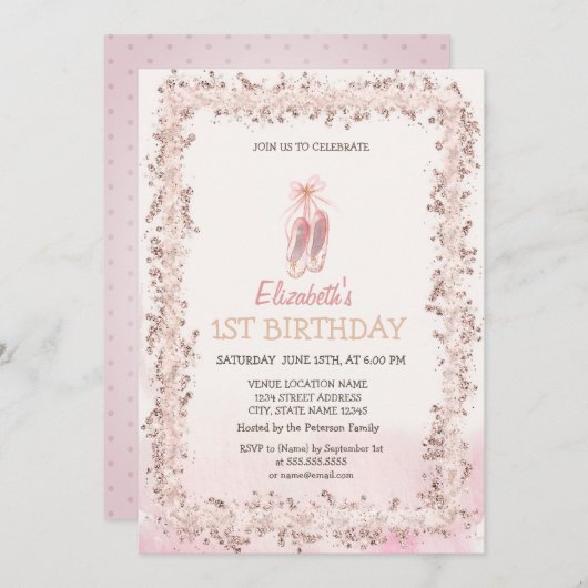 バレエトゥーシューズ グリッターフレーム 誕生日   招待状 (正面/裏面)