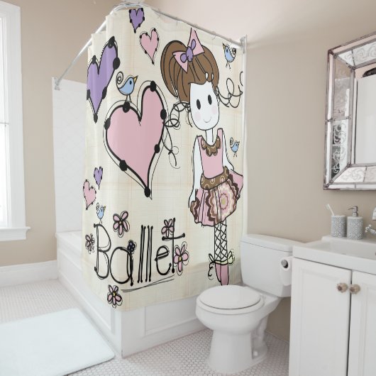 バレエバレリーナダンサーとハートと鳥 シャワーカーテン (インサイチュ)