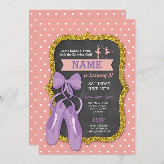 バレエバースデーパーティバレリーナグリッター招待状 招待状 (正面/裏面)