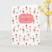 バレエピンクバレリーナス踊りガール誕生日 カード (黄色い花)