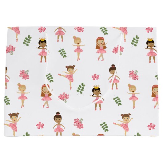 バレエピンクバレリーナス踊りパターン ラージペーパーバッグ (正面)