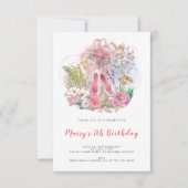 バレエポンプ花模様ピンクガール7thバースデーパーティー 招待状 (正面)